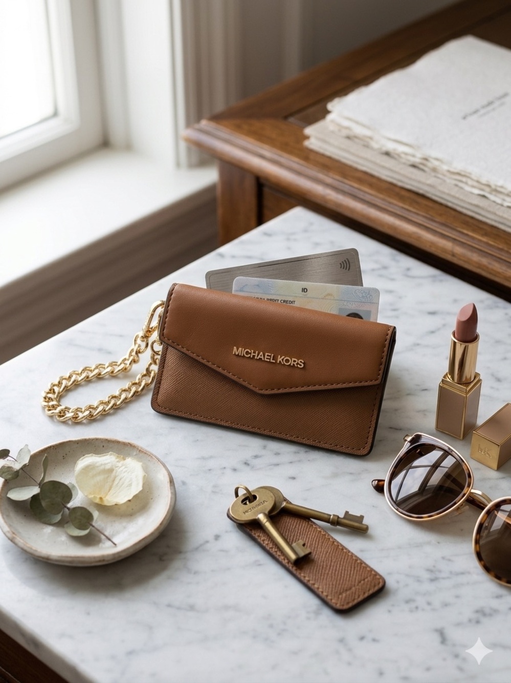 MICHAEL KORS || Camel & Gold Camera-Style Card Case. Sz. 5.7” x 3”